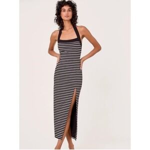 Nicholas Jane Dress Size Medium Black White Stripe Halter Neck Midi Bodycon Slit
